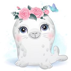 a white seal with pink flowers on its head and butterflies around it's neck