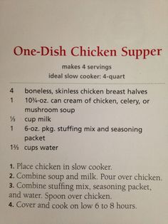 the instructions for making chicken supper are shown in this recipe book, which is open to read