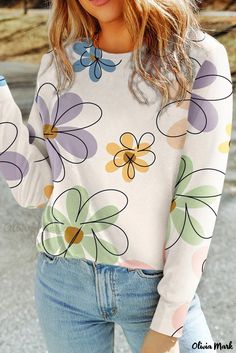 Olivia Mark - Beautiful Floral Print Long Sleeve T-Shirt Flower Shirt Design, Flower Clothing, Vest Crop Top, Harvest Festival, Chic Top, Flower Shirt, Belleza Natural, Crew Neck Tee, Sleeve Designs