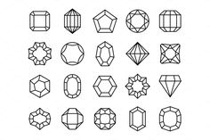 set of different shapes and sizes of diamond stones on white background, line art style