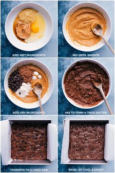 the steps to making chocolate peanut butter bars in a bowl with eggs, milk and other ingredients