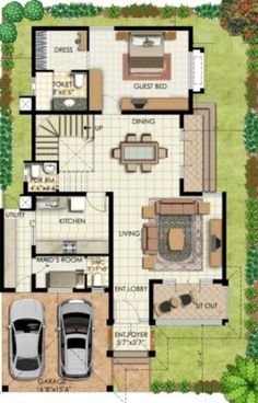 the floor plan for a house with two cars parked in front of it and an open area