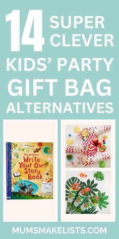 Text: 14 super clever kids' party gift bag alternatives. Images of three ideas for alternative gifts Favor Bags For Kids Birthday Ideas, Return Gift Ideas For Kids Birthday, Birthday Return Gift Ideas, Simple Goodie Bags Kids Birthday, Gift Bag Alternative, Eco Friendly Kids Party Favors, Plastic Free Party Bags Kids