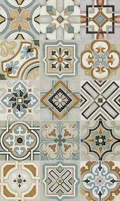 an assortment of decorative tiles with different colors and designs on the sides, all in various shapes