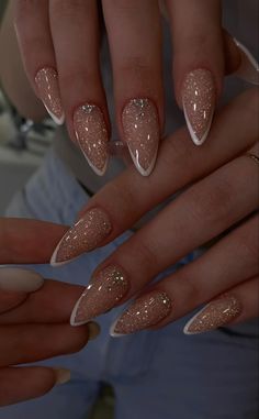 #nails #summernails #nailart French Nails Sparkle Tips, Nail Art Designs Engagement, New Years French Nails, Festive Glitter Nails, Nails To Go With Gold Dress, Wedding Guest Nails Ideas Almond, Oval Nails With Design, Ombre French Manicure With Glitter, Elegant Winter Nail Designs