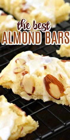 the best almond bars on a cooling rack with text overlay that reads, the best almond bars