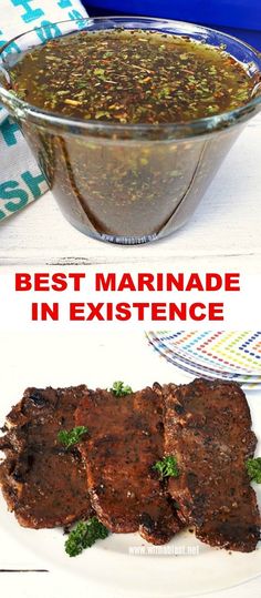 there is a plate with some meat on it and the words best marinade in existence