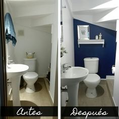 two pictures of a bathroom with blue walls and white fixtures