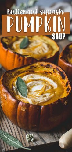 butternut squash pumpkin soup with sage leaves in the center and on wooden cutting board