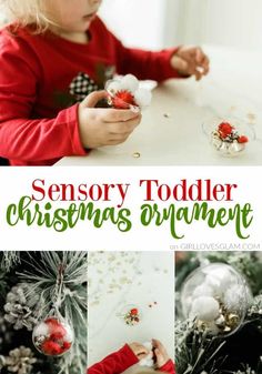 a collage of christmas ornaments with the words sensory todder christmas ornament