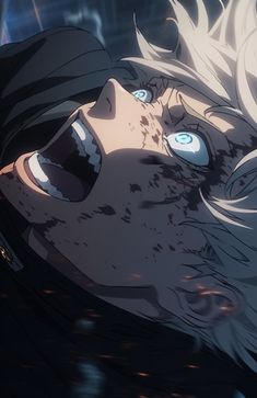 an anime character with white hair and blue eyes looking up at something in the air