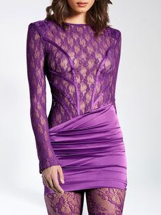 Turn heads in our Quartney Purple Long Sleeve Lace Satin Mini Dress — a vision of sophistication. This gorgeous long sleeve mini dress seamlessly blends lace and luxe double duchess satin for a stunning effect. With a ruched skirt, asymmetrical waistline, and faux satin boning details at the bodice, this dress creates an elegant silhouette. The sexy open back, adorned with lace trimming and two shank buttons at the back top neckline, ensures easy closure. Crafted from double duchess satin and st Duchess Satin, Ruched Skirt, Purple Lace, Maxi Dress Cocktail, Satin Mini Dress, Long Sleeve Mini, Lace Mini Dress, Stretch Lace, White Maxi Dresses