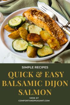 quick and easy balsamic dijon salmon recipe on a white plate with sliced cucumbers