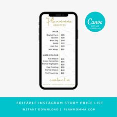 the editable instagram story price list is displayed in front of an iphone screen