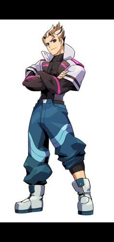 an anime character with his arms crossed, wearing blue pants and white shoes while standing in front of a white background