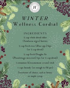 the front cover of winter wellness cordial, with berries and cinnamons on it