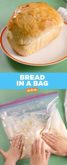 bread in a bag on a plate with hands reaching for it to be put into the bag