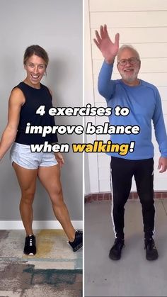 an older man and woman standing next to each other with the words 4 exercises to improve balance when walking