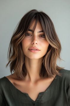 Discover a stylish and flexible option with shoulder-length haircuts paired with curtain bangs; a perfect choice for those with round faces. The layering technique not only adds dimension but also slims down the cheek area creating a flattering appearance. By adding soft, wavy texture to the hair, you can achieve a natural bounce that beautifully frames your face. Short Wavy Hair Shoulder Length, Bob With Fringe Bangs Mid Length, Curtain Bangs And Lob, Long Bob With Bangs And Glasses, Shag With Curtain Bangs Straight, Shoulder Length Hair With Short Curtain Bangs, Long Bob Fine Hair Round Face, Shoulder Length Dark Hair With Bangs, Shaggy Collar Bone Length Hair