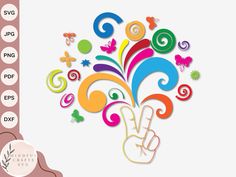 colorful swirls and pointing finger with dots on the bottom right hand corner in front of a white background