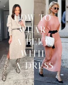 Style Tip: How To Wear A Belt With A Dress - ljanestyle Sweater Dress Wide Belt, Midi Dress With Belt Outfit, Oversized Sweater Dress With Belt, How To Use Belts With Dresses, Knit Dress Belt, Knitted Dress With Belt, Belt Over Dress Outfit, Sweater Dress Belt Outfit, Belted Sweater Dress Outfit