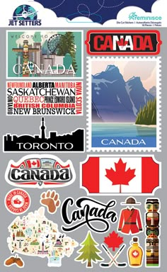 canada stickers are displayed on the back of a postage stamp, with canadian symbols