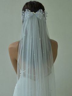 the back of a bride's veil with pearls and beads on it, in front of a white background