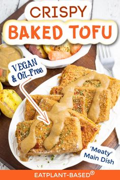 the cover of crispy baked tofu is shown on a plate with other foods