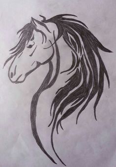 a drawing of a horse's head with long manes and black hair on white paper