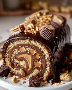 a chocolate roll covered in nuts on top of a white plate