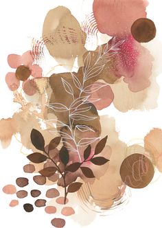 an abstract painting with flowers and leaves on it's side, in shades of pink, brown and beige