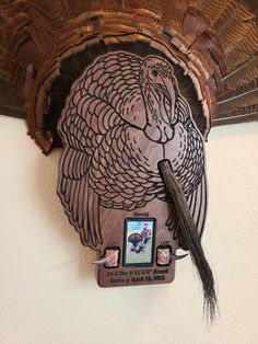 a turkey clock mounted to the side of a wall next to a bird's head