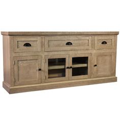 a large wooden entertainment center with drawers and cupboards on one side, an open shelf to the other