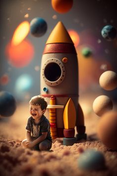 a little boy sitting on the ground next to a toy rocket and some planets in the background