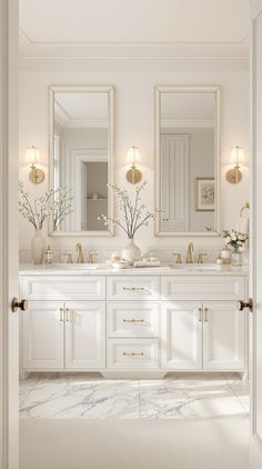 Neutral Bathroom Decor Coastal Classic Bathroom, Interior Design Powder Room, Bathroom Inspiration Gold Accents, Classic Clean Bathroom Design, Main Floor Powder Room, White Bathroom Vanity With Wainscoting, Gold And White Master Bath, Luxury Double Vanity Bathroom, White And Cream Bathroom Tile