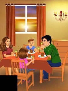 a family is sitting at the dinner table