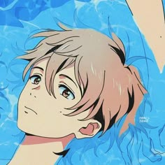 an anime character with blonde hair and blue eyes in the water, looking up at something