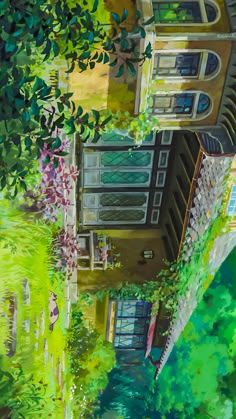 an oil painting of a house with trees and bushes on the outside, looking down at it