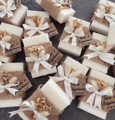 many soaps are wrapped in burlock and tied with ribbons