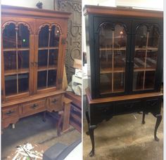 an old china cabinet is being refinished with new paint and wood trimming