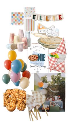 a collage of pictures with food and balloons