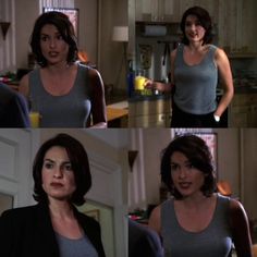 four pictures of the same woman in different outfits, one is wearing a gray tank top