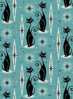 a black cat sitting on top of a blue background with stars and snowflakes