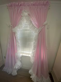 this is a Priscilla type curtain made of pink seersucker with white double ruffles and white bows. Price is for any length. Just leave a note telling me the finished length you need from the rod down. Pink Princess Canopy Bed, Cute Window Curtains, Curtain Aesthetic Room, Diy Room Renovation Bedrooms, White And Pink Room Ideas, Cute Curtain Ideas, Cute Pink Decor, White And Hot Pink Bedroom, Silver And Pink Bedroom