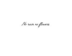 the words no rain no flowers are written in cursive font on a white background