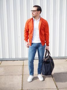 Casual summer outfit with orange cotton blouson jacket and denim - DressLikeA.com Orange And Blue Outfit Men, Orange Jacket Outfit Men, Orange Tshirt Outfits Man, Sports Jacket Outfit Men, Orange Jacket Outfit, Sports Jacket Outfit, Denim Jacket Men Outfit, Blue Outfit Men, Sport Fashion Man