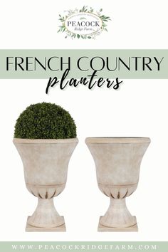 two white vases with green plants in them and the words french country planters