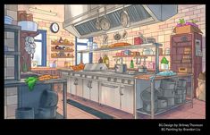 a drawing of a kitchen with lots of appliances