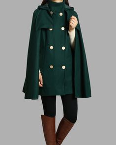 * A cool and long wool cape coat with hood, very elegant.* With double row gold color buttons and two pockets, fully lined.* If you want black buttons, please let us know, thanks.* Stand up collar, more warmer.* Material: out shell - 50% wool, 50% polyester; lining - 100% polyester* Care: dry cleanable* Shop sizing chart FYI ( made according to US sizing. actual body figures, not laying flat clothes measurements)Size XS (US 2, UK 6, German 32, French 34, )Bust: fits bust around 33.5 inches/85cmW Wool Cape For Winter Cold Weather, Wool Cape For Winter Weather, Wool Cape For Cold Weather, Wool Winter Cape For Cold Weather, Winter Wool Cape For Cold Weather, Hooded Green Cape For Fall, Green Hooded Cape For Fall, Wool Long Coat Cape For Fall, Long Wool Cape For Fall