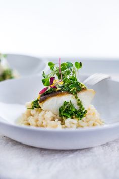 a white plate topped with fish and rice